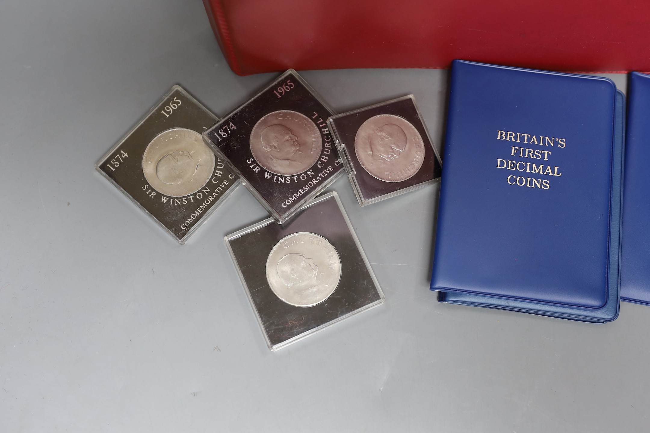 UK coins, Victoria to Elizabeth II, highlights to include halfpenny 1838, near EF, halfcrowns 1915, 1929, 1936 x 2, all EF, shillings 1934, EF and 1937 UNC, five decimal coins sets 1971 etc.